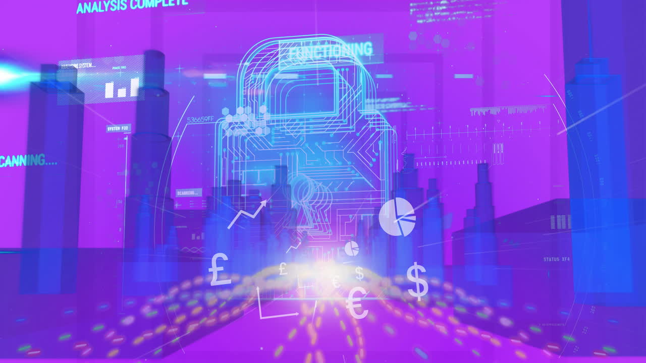 Hovering 3D render circuit padlock icon streaming neon light trails toward glowing HUD elements