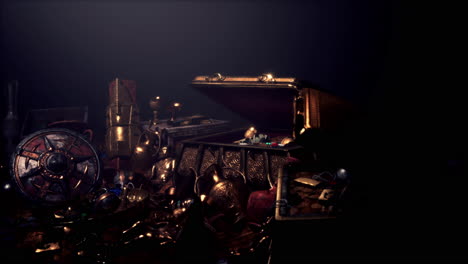 jewels and gold coins in the dark cave