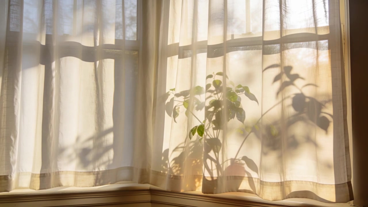 Filtering sunlight at bay window, casting leaf shadows on sheer curtain, revealing potted plant