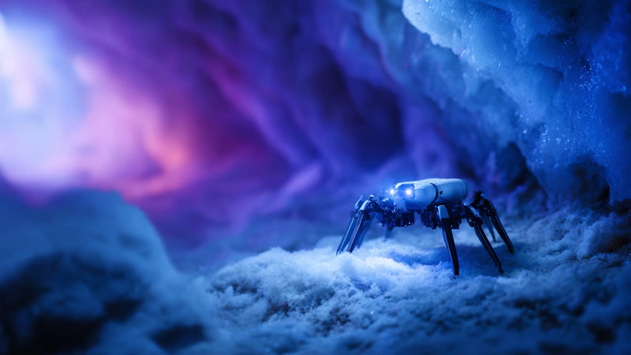 Un ragno robotico futuristico che si muove in un paesaggio ghiacciato illuminato da vivaci tonalità di blu e viola, che mette in mostra tecnologie avanzate in un ambiente surreale