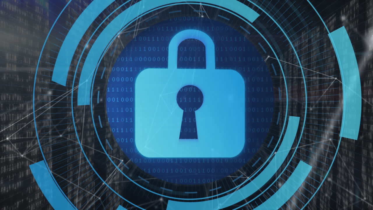 animación de un candado digital en círculo sobre conexiones y procesamiento de datos.