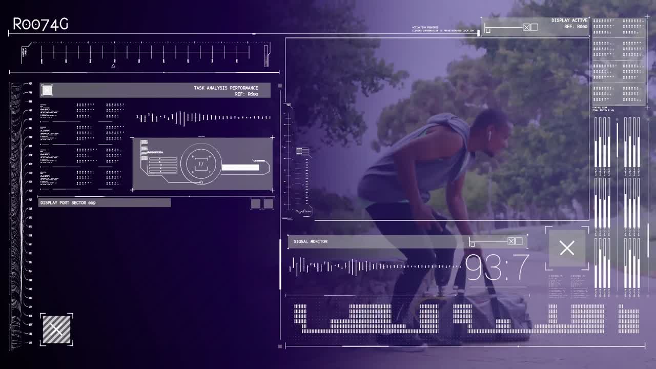 animación de la interfaz y el procesamiento de datos sobre un atleta masculino con hoja de correr caminando al aire libre