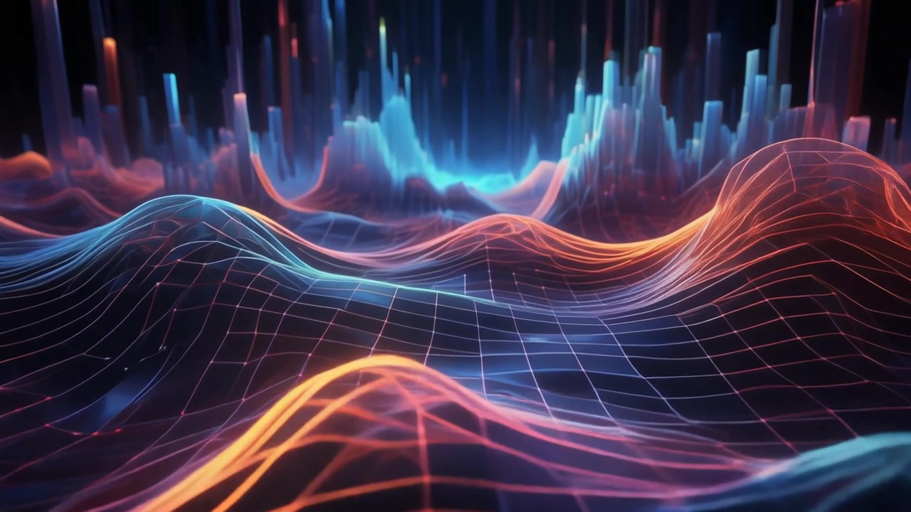 Abstract Digital Grid Landscape with Glowing Neon Waves
