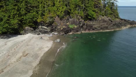 secret cove aerial drone pull out pedestal shot over coastal beach and forest