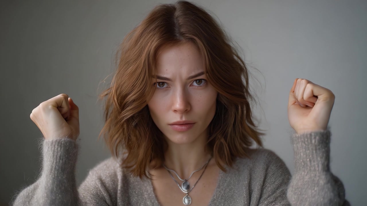 Женщина выражает решимость и интенсивность поднятыми кулаками, передавая сильную эмоциональную реакцию, в то время как камера запечатлевает ее яростное выражение лица и сосредоточенный взгляд.