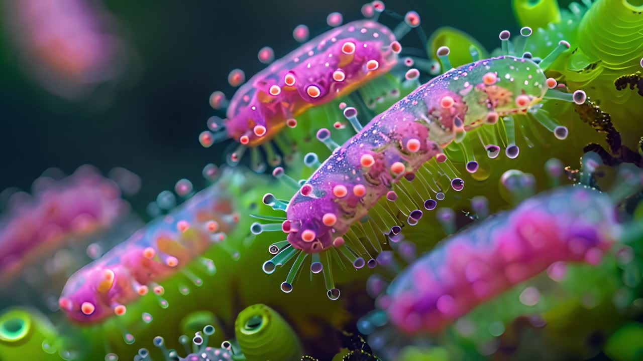Microscopic View of Vibrant Pink and Purple Bacteria or Microorganisms