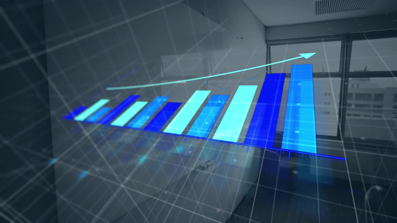 animación de gráfico de barras que representa el crecimiento sobre una pizarra en blanco montada en la pared de la oficina