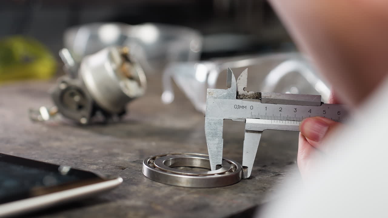 primer plano de un estudiante usando una pinza de vernier para medir el diámetro de boris en un banco de trabajo bajo poca luz, grabando datos en una tableta, gafas de seguridad y componentes mecánicos esparcidos en el espacio de trabajo