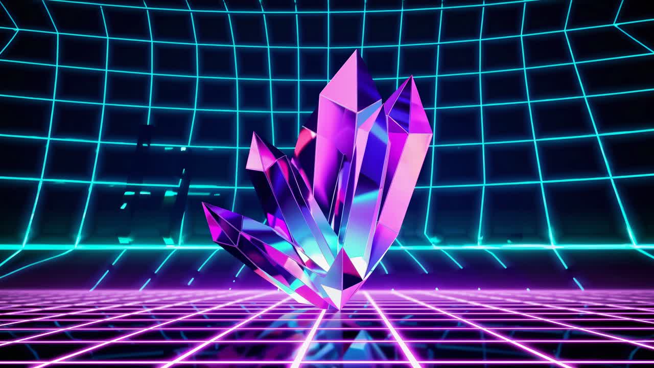 Cristallo al neon in una griglia retrò-futuristica