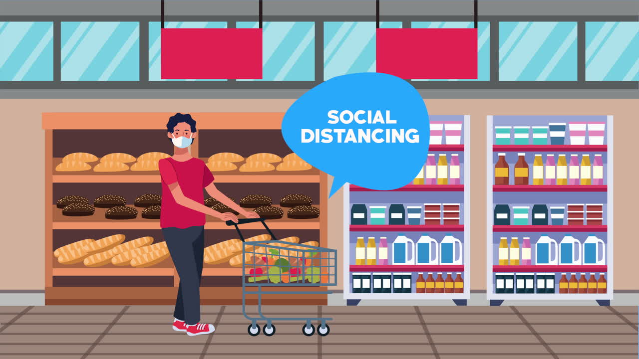 슈퍼마켓의 남성 고객들과의 사회적 거리 두기 캠페인