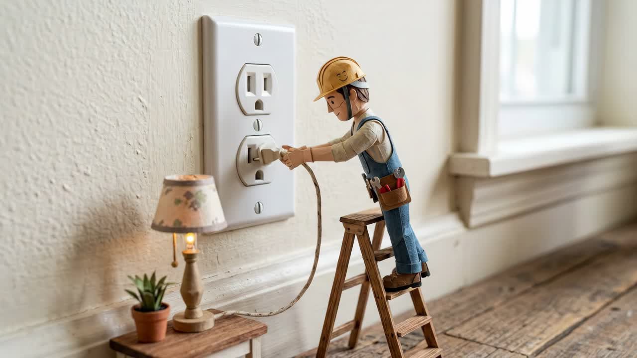 Stop Motion Figurine Electrician Plugging and Unplugging Power Cord
