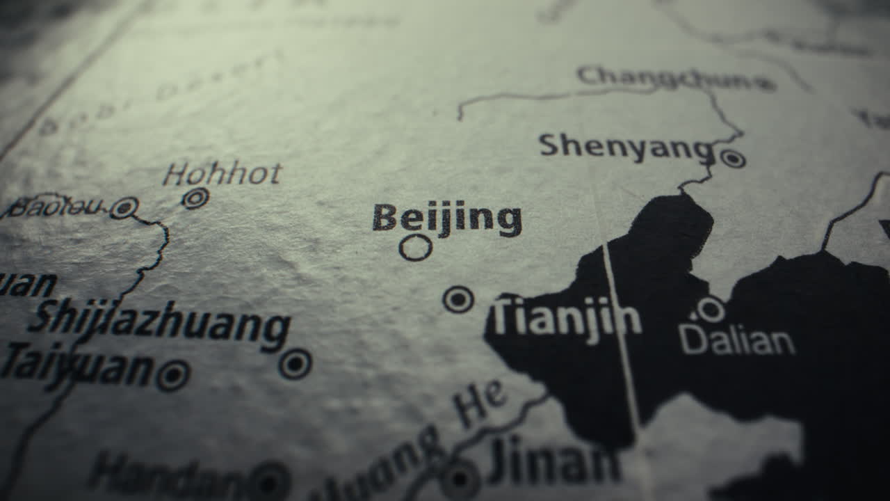 Close up of a map highlighting Beijing and surrounding areas