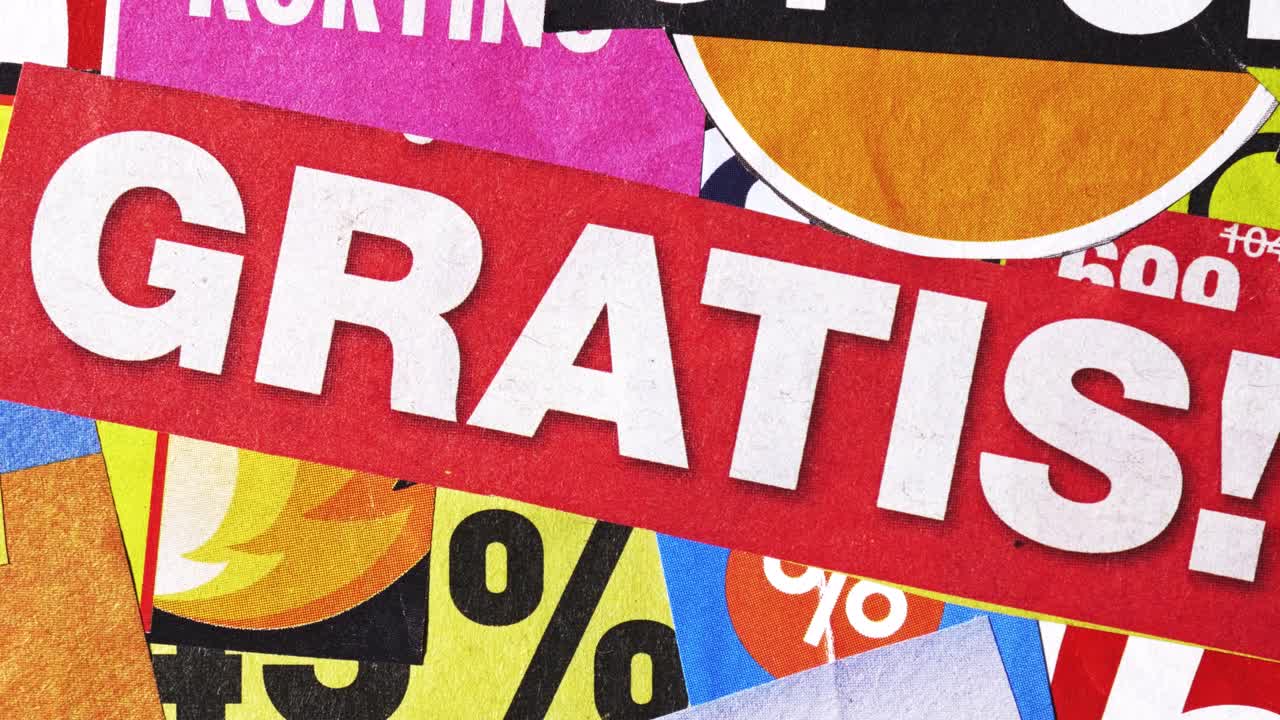 Dutch discount collage panning to reveal bold “GRATIS!” in a smooth pan