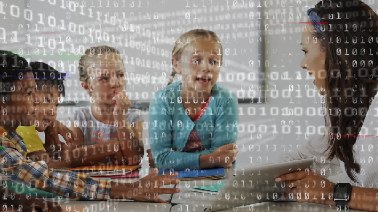 Binary coding data processing against female teacher teaching group of students using digital tablet