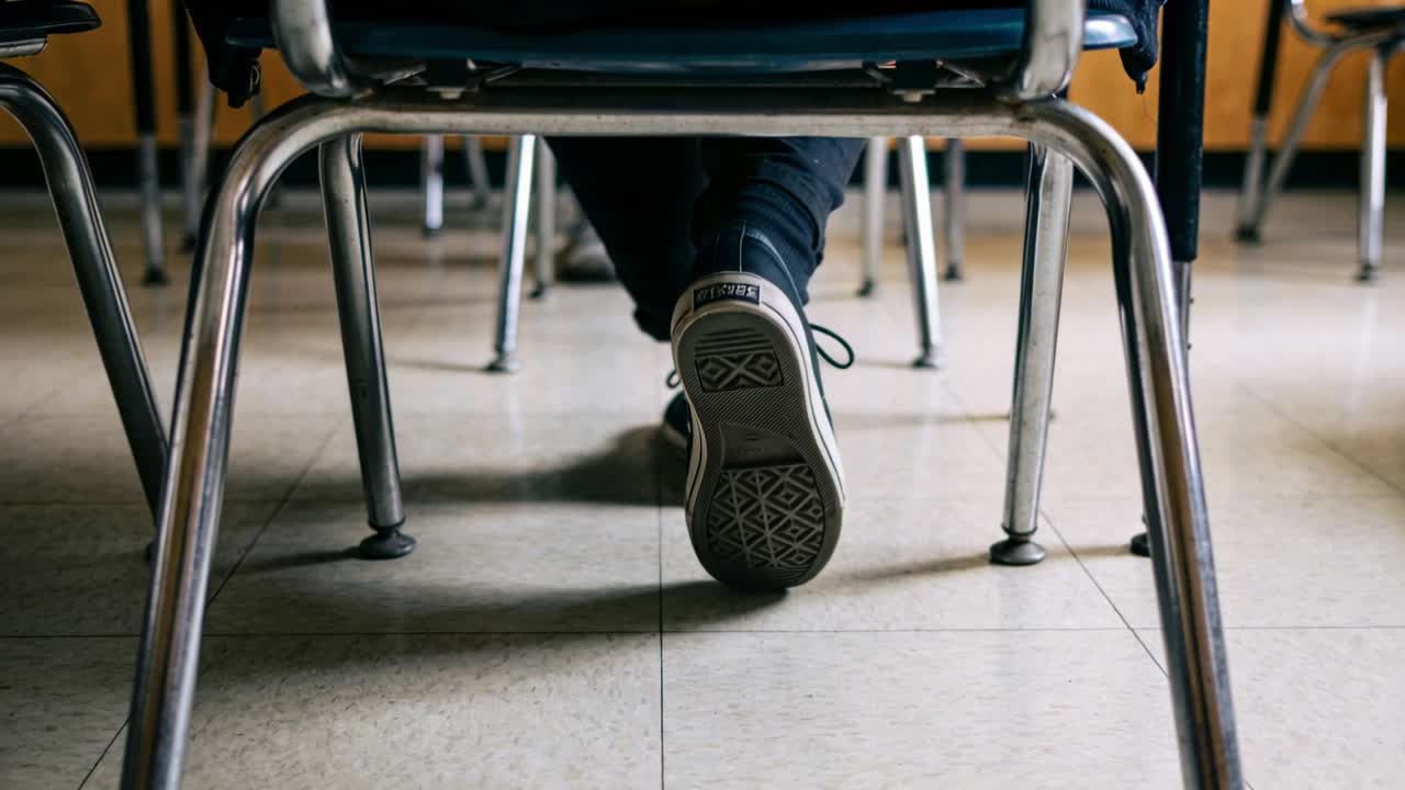 Uno studente sposta il piede sotto il banco a scuola, ruotandolo e mostrando la suola di una scarpa da ginnastica in tela, tra pantaloni e gambe metalliche.