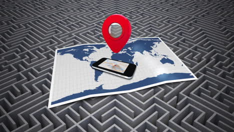 animation of red location pin over smartphone and map on maze pattern on grey background