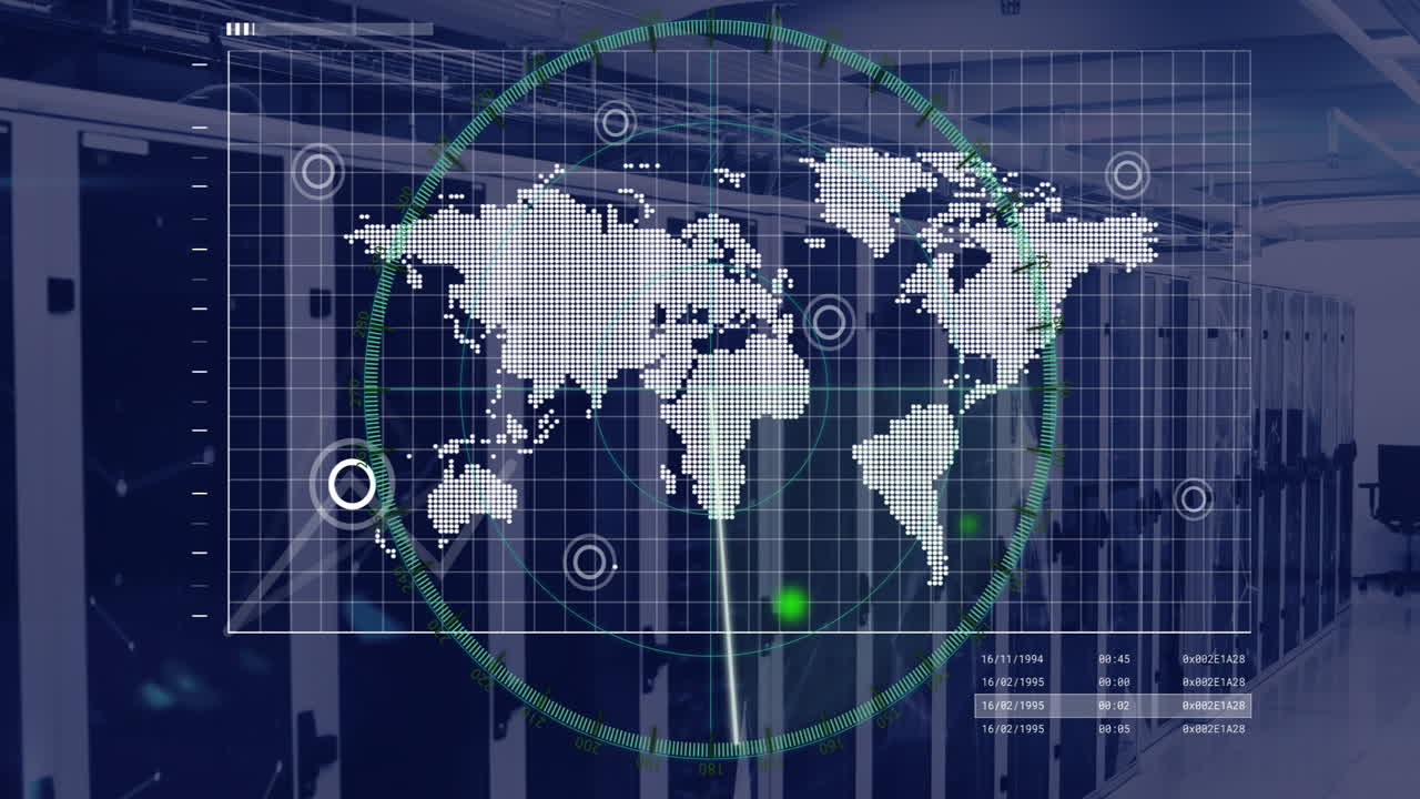 World map and data analytics animation over server room background