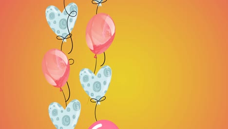 Animation-of-pink-balloons-and-hearts-with-copy-space-on-orange-background