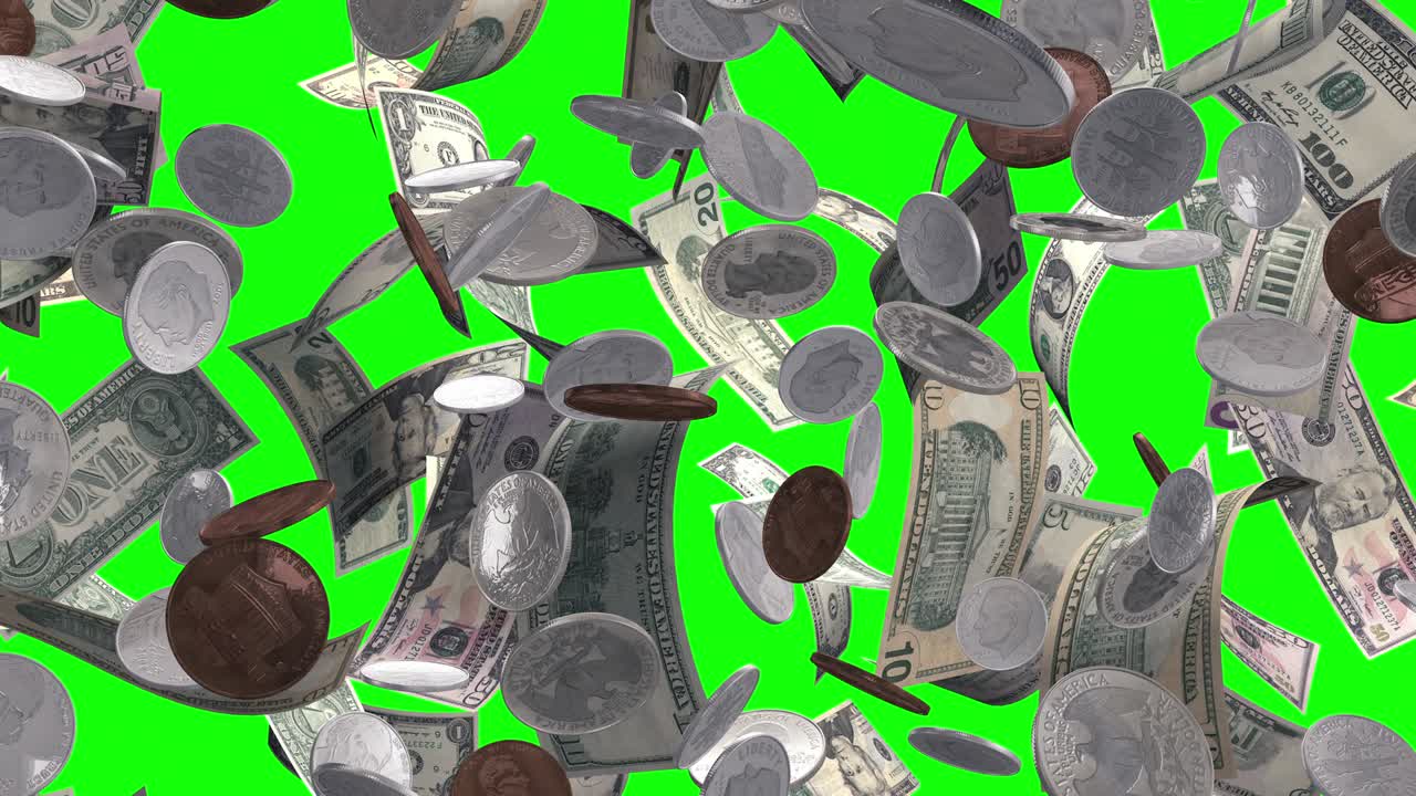 녹색 스크린에서 돈과 동전의 비가 내리고 있습니다.