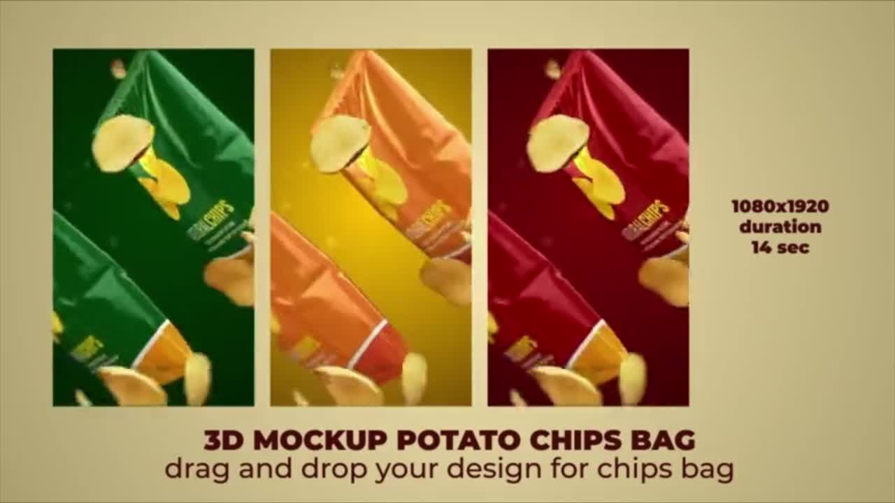 Animated 3D Mockup of Potato Chips Bags with Falling Chips