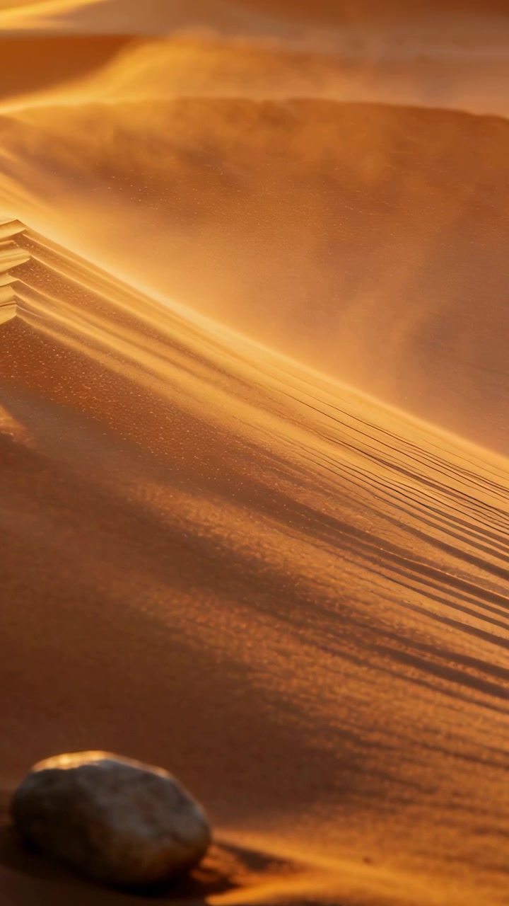 Video verticale: Brezza che soffia sollevando un velo di sabbia lungo la parete di una duna nel deserto, con una pietra liscia a sinistra.