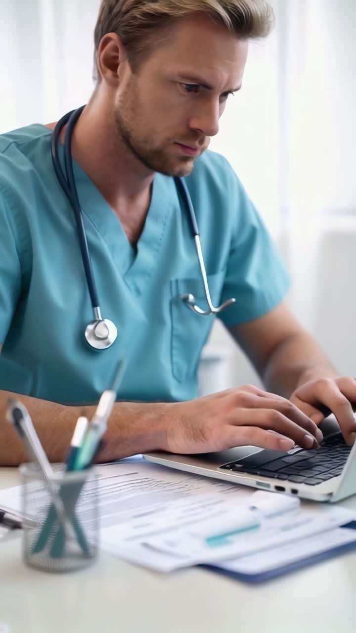 A doctor is typing on a laptop in a blue scrubs