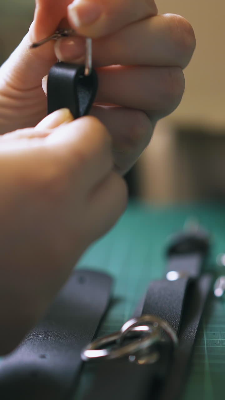 CU: Skilled person pins silver buckle to black leather choker on green mat in workshop extreme close view