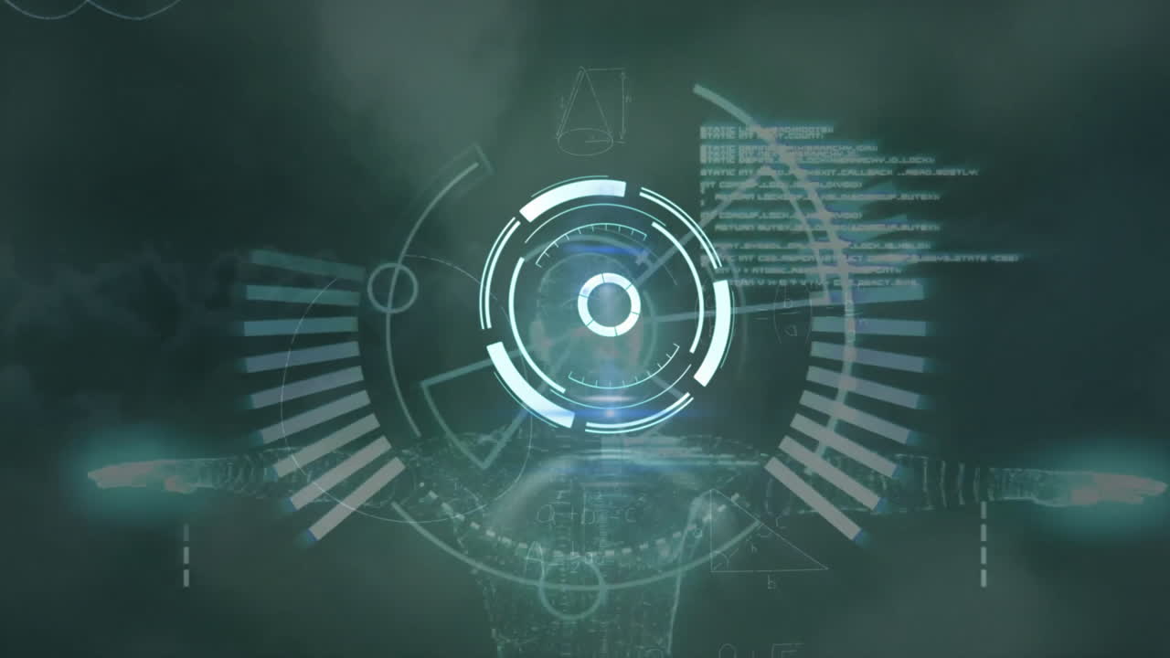 animación de escaneo de alcance con procesamiento de datos y ecuaciones matemáticas en fondo negro