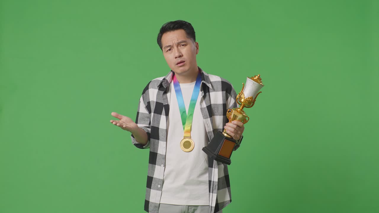 트로피를 들고 있는 남자가 혼란스러워 보인다