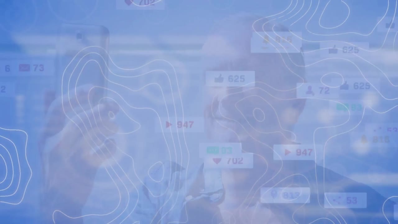 스마트폰을 사용하는 백인 남성들에 대한 아이콘과의 연결 네트워크의 애니메이션