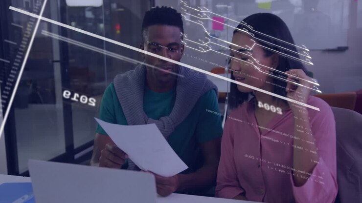 Animation of financial data processing over diverse business people in office