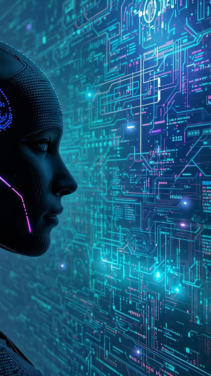 Vertical video: Turning plated android engaging circuitry wall at lab, panel activating, copy space