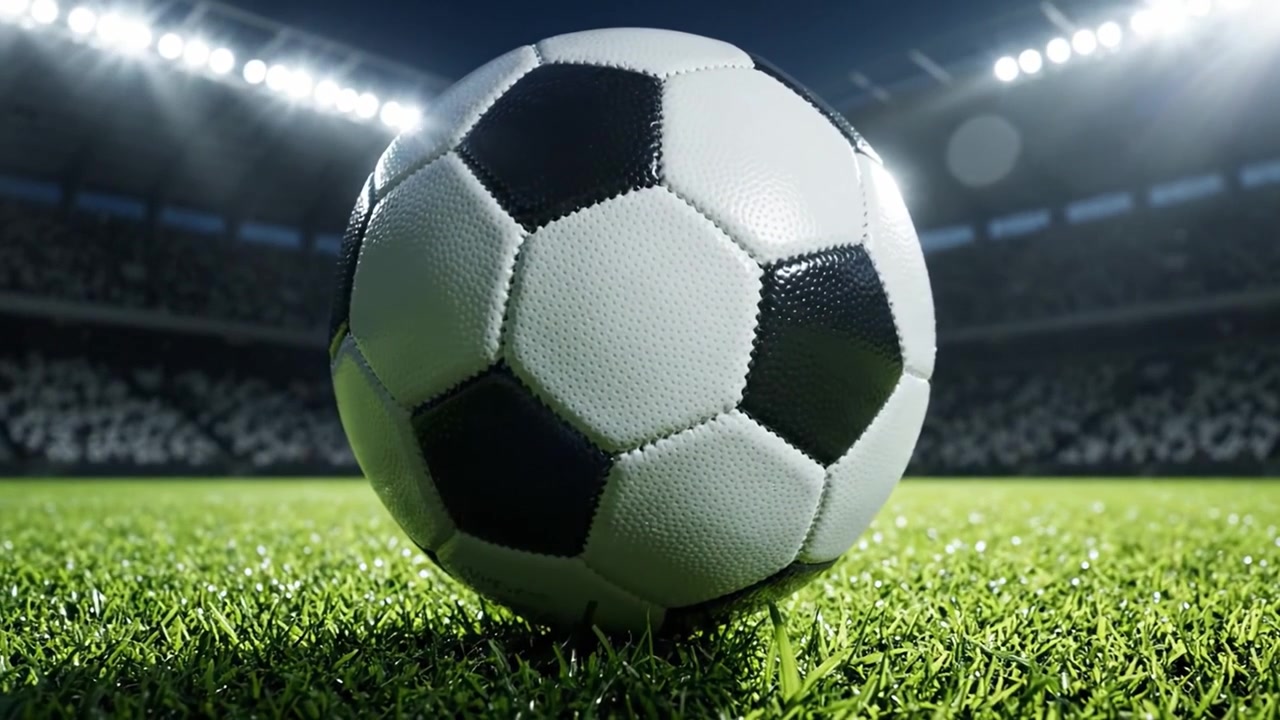 Kiehtova näkymä jalkapallosta vihreällä kentällä kirkkaiden stadionvalojen alla, herättäen pelin hengen ja jännittävän ottelun odotuksen.