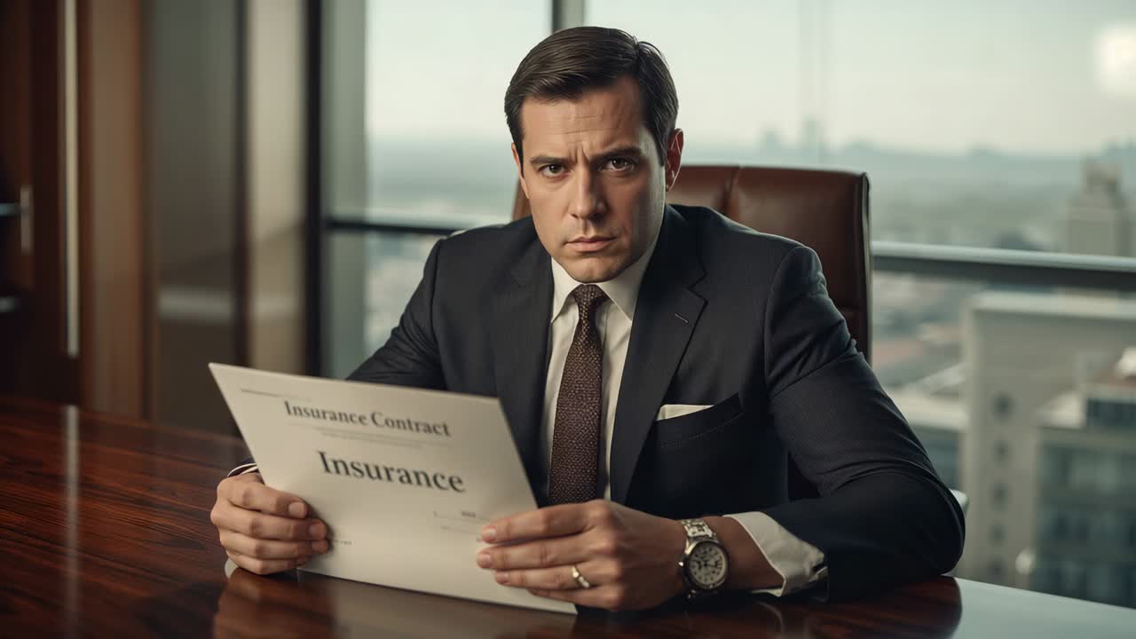 Holding insurance contract urging man in suit evaluating policy in city office, tilting paper