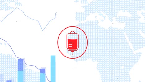 animación del logotipo de la donación de sangre y el texto sobre el mapa del mundo