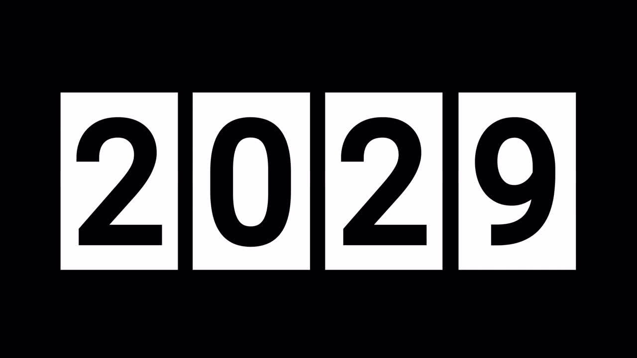Animazione orologio digitale a scatto che conta gli anni dal 2020 al 2030