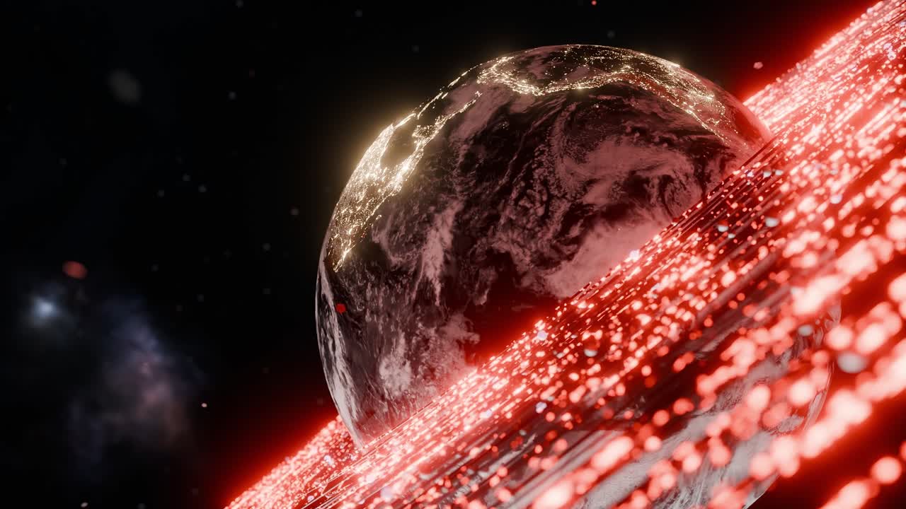Earth showing South America with red digital particles in outer space. include Brazil, Argentina, Colombia. 3D rendering with night lights and energy wave. Futuristic technology global connection