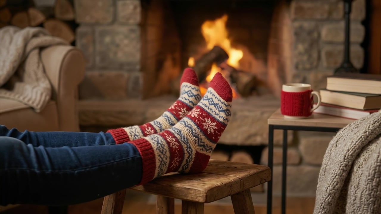 Person wearing cozy winter socks resting their feet on a wooden stool by a burning fireplace
