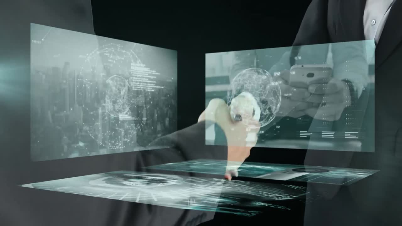 비즈니스맨의 손짓을 통해 화면에서 데이터 처리의 애니메이션