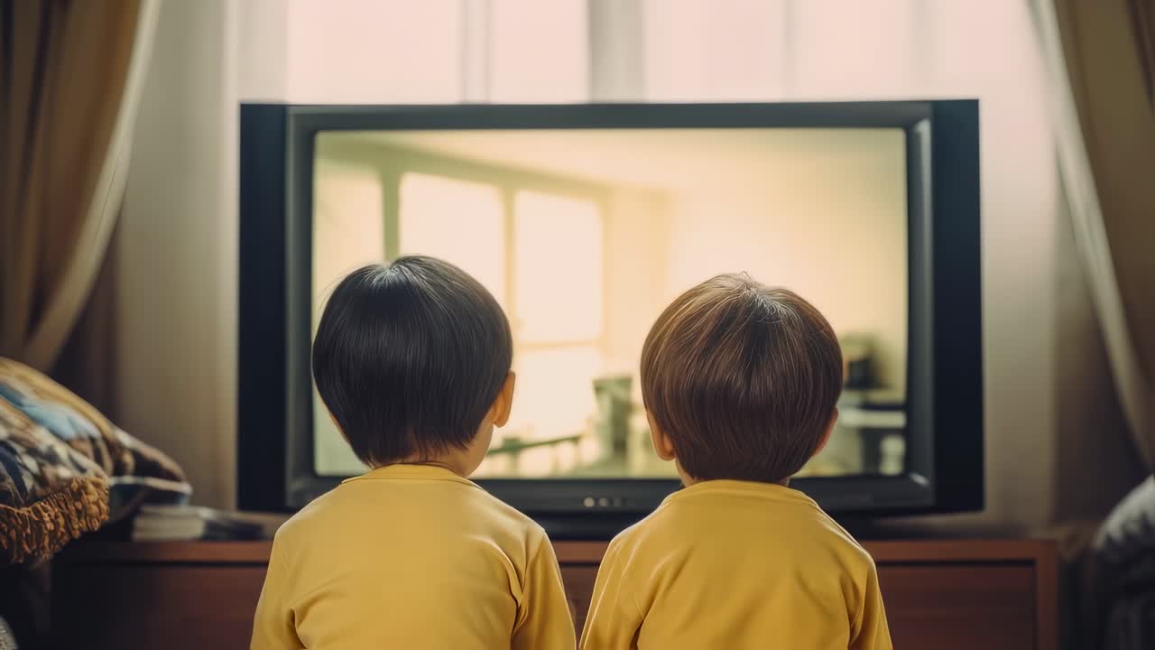 Two little brothers in yellow shirts are sitting on the floor watching television in the living room, seen from behind, with window light coming from behind the tv