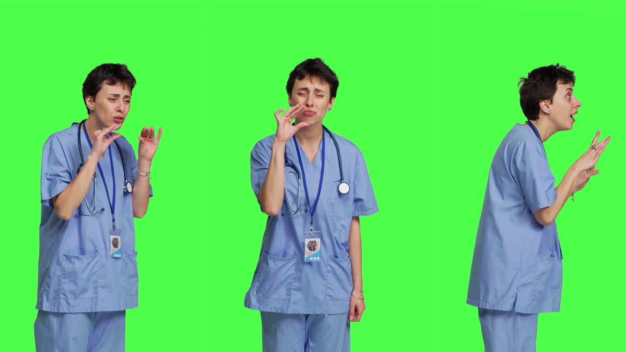 의료 보좌관은 녹색 스크린에 대해 침하고 침하도록 요청합니다.