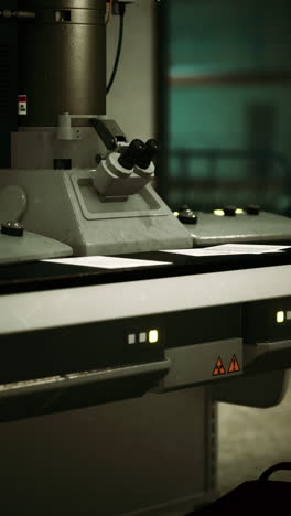 close-up view of a high-tech microscope in a scientific laboratory