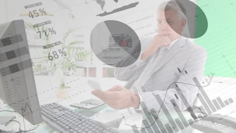 animación de procesamiento de datos y diagramas sobre hombre de negocios caucásico usando computadora