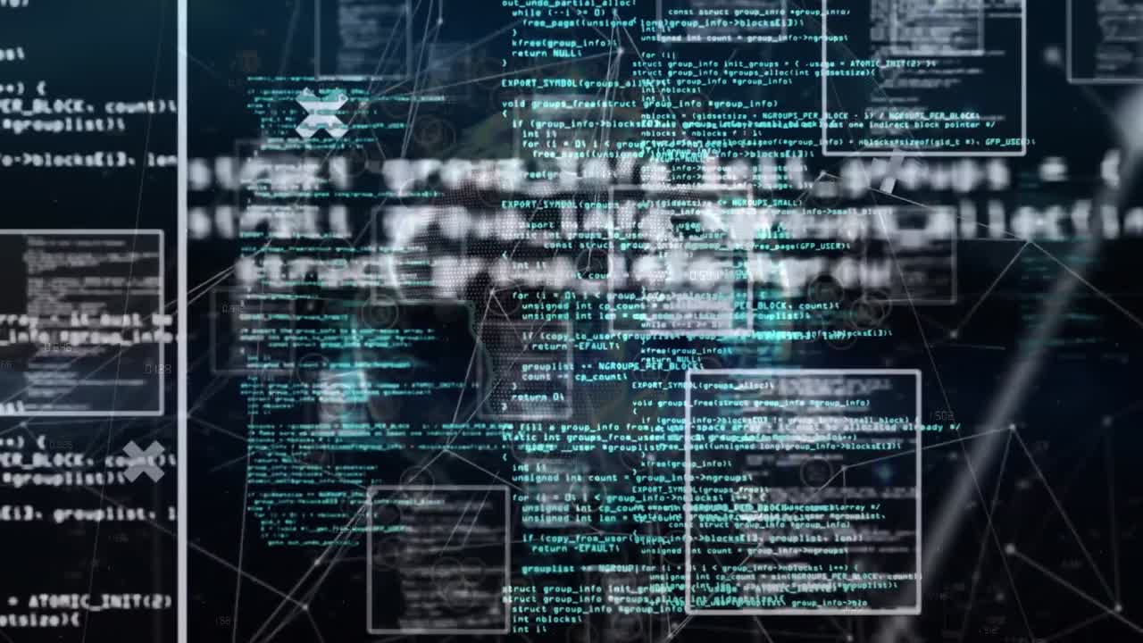 Animation of programming language in squares over globe against connected dots
