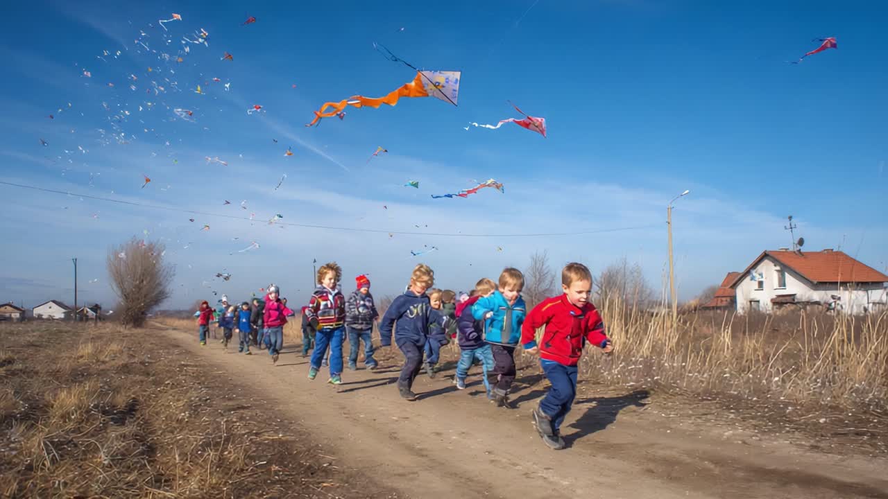 A Joyful Day of Children Running and Flying Kites: Celebrating Freedom and Playfulness in an Open Field Under a Bright Blue Sky