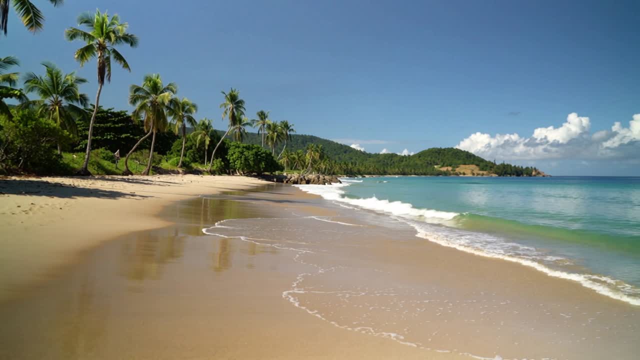 Ondas quebrando suavemente formando arcos de espuma branca na costa arenosa da praia, com reflexos de palmeiras em movimento, impulsionados pelo vento.