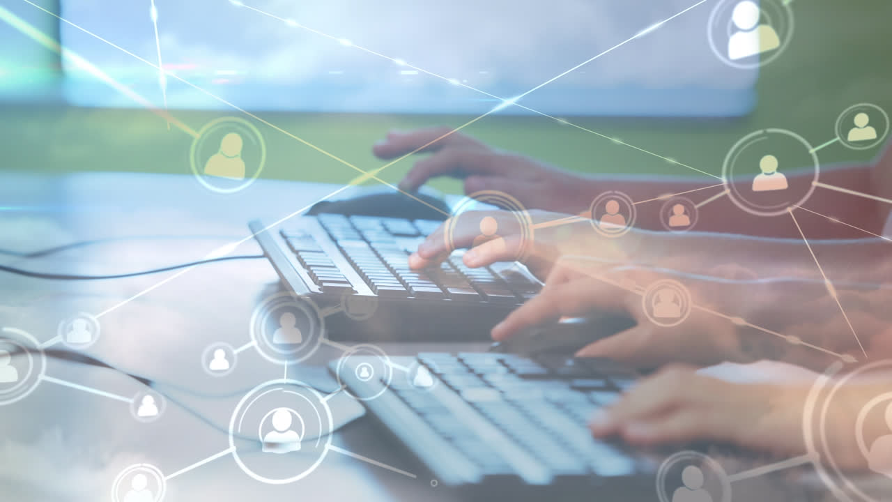 키보드에서 타이핑하는 다양한 학생들의 손을 통해 연결 네트워크의 애니메이션