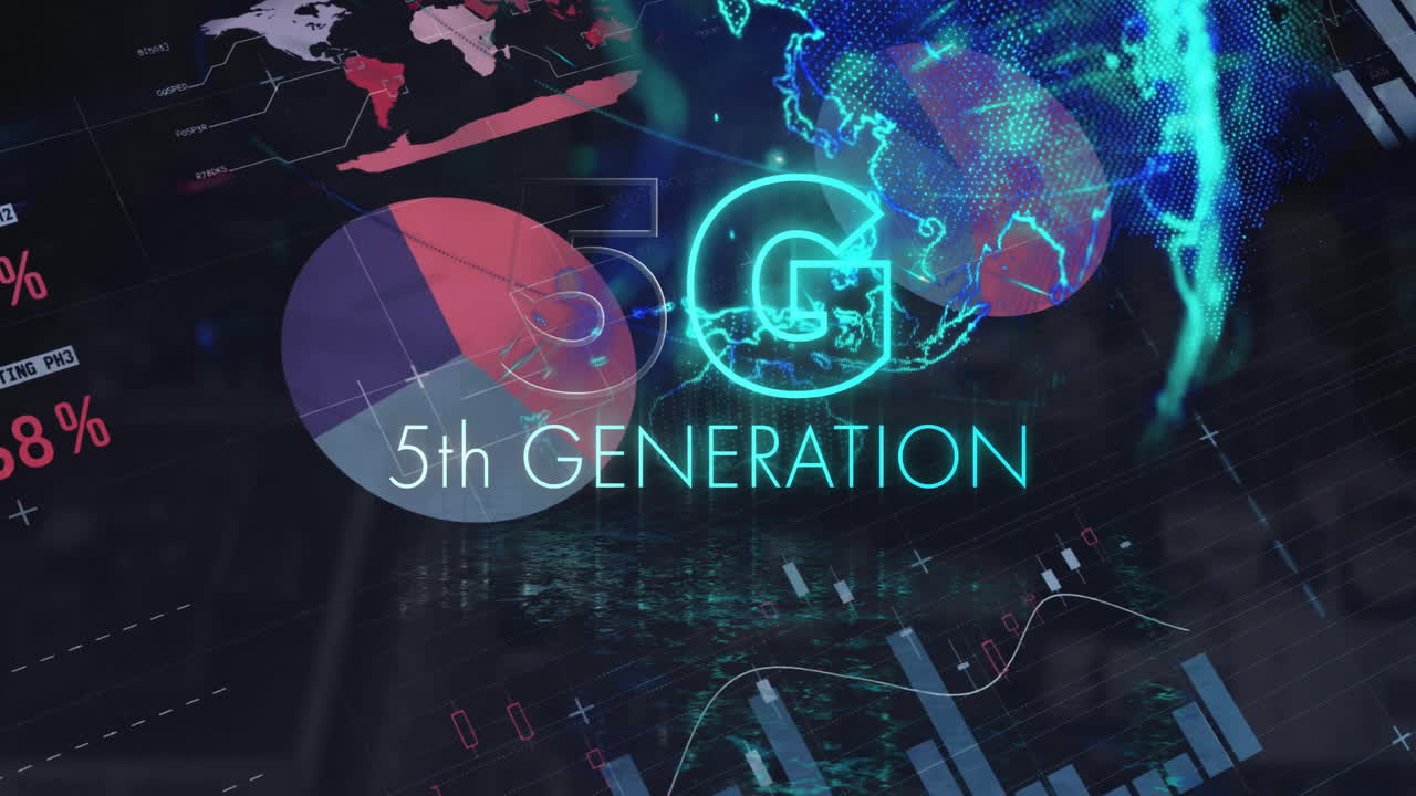 Анимация текста «5G», «5-е поколение», инфографического интерфейса и глобуса на черном фоне