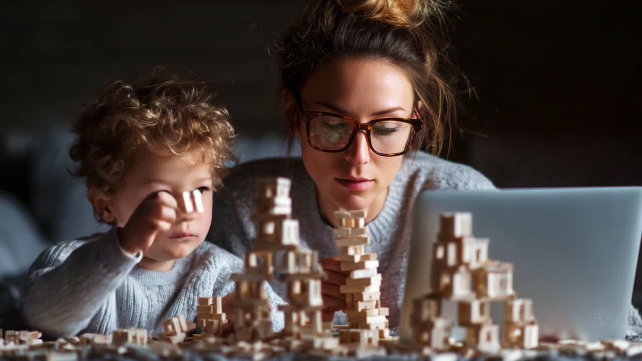 A mother and her child engaged in a creative activity together, building structures with small wooden blocks, while working on a laptop, showcasing inspiration and playfulness