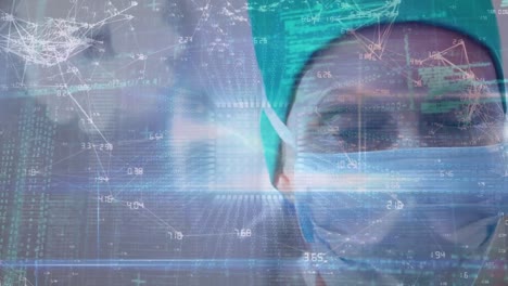 Animation-of-connecting-dots-and-computer-coding-with-caucasian-female-surgeon-wearing-face-mask
